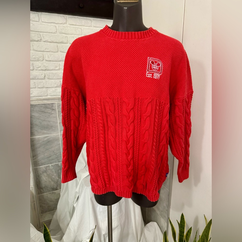 Disney Red 100% Cotton Cable Knit Sweater with embroided Logo size large